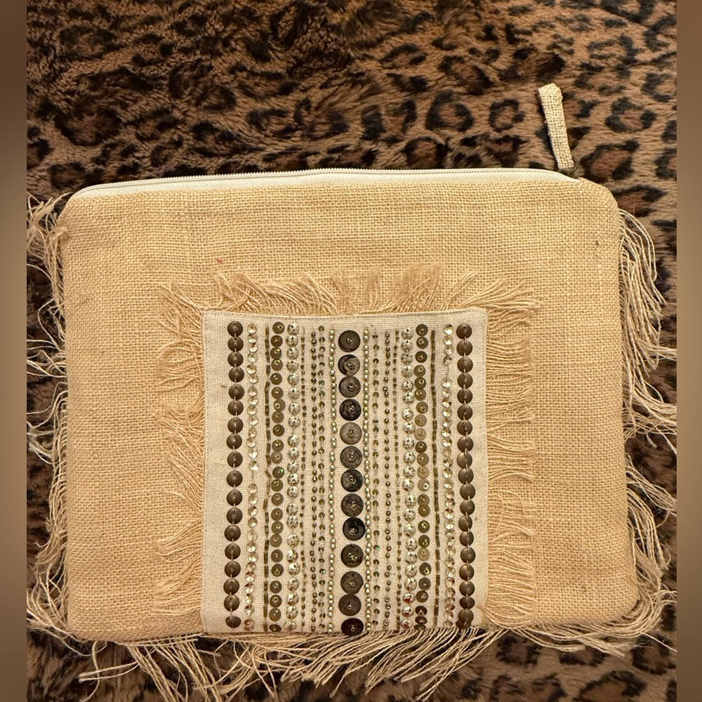 Linen cream w/ gold beaded details  clutch/pouch. Great condition 9x11in.